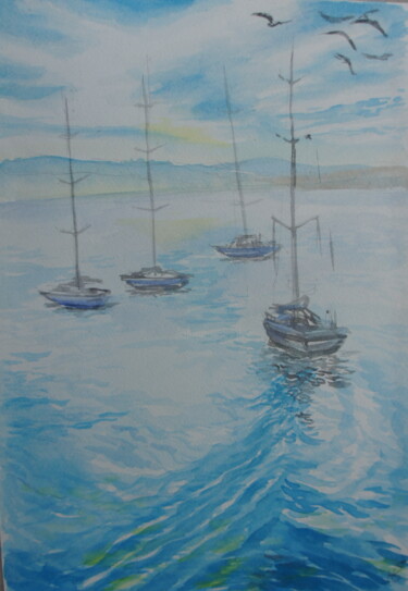 绘画 标题为“Корабли и чайки 1” 由Lili Pic, 原创艺术品, 水彩 安装在纸板上