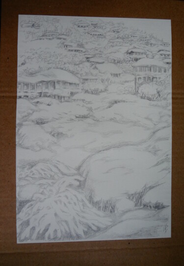 Картина под названием "Зимняя деревня 2" - Lili Pic, Подлинное произведение искусства, Карандаш Установлен на картон