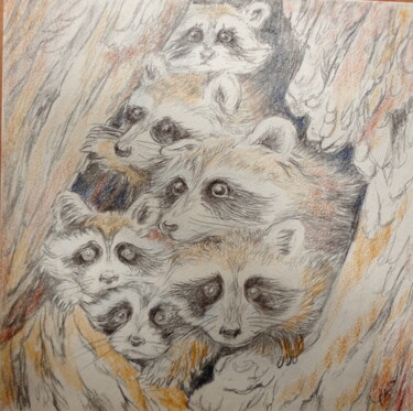 Картина под названием "Маленькие еноты в д…" - Lili Pic, Подлинное произведение искусства, Цветные карандаши Установлен на к…