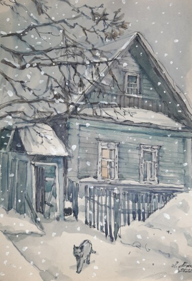 Dessin intitulée "Снег идёт" par Liliia Mustafina Khazieva, Œuvre d'art originale, Aquarelle