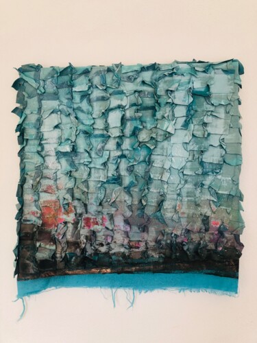 Textielkunst getiteld "Turquoise love" door Lilian Frohn, Origineel Kunstwerk, Acryl Gemonteerd op Frame voor houten brancard