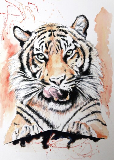 Painting titled "Tiger" by Liliana Oliveira, Original Artwork, Watercolor