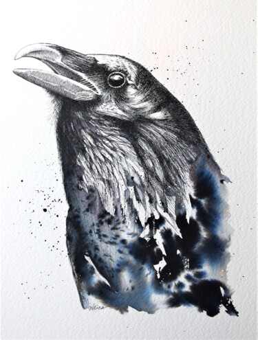 Painting titled "Raven" by Liliana Oliveira, Original Artwork, Watercolor