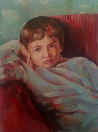 Pittura intitolato "Kid sitting on sofa…" da Liliana Sanna, Opera d'arte originale