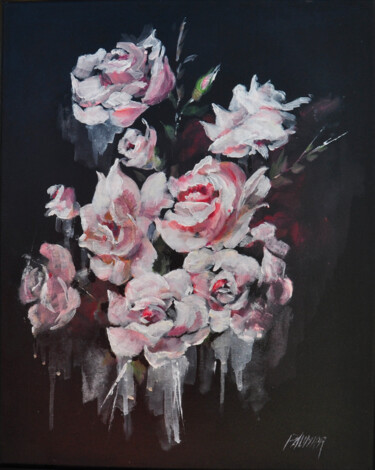 Branche de roses en fleur Peinture intitulée "Branche de roses en…" par Liliane Paumier, Œuvre d'art originale, Acrylique Monté sur Châssis