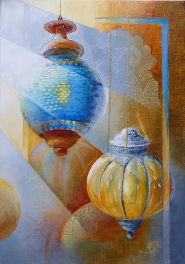 Painting titled "Bleu d'Orient" by Liliane Vergne, Original Artwork, Oil