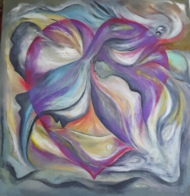 Painting titled "Chatcoeur" by Liliane Cima, Original Artwork, Acrylic Mounted on Wood Stretcher frame