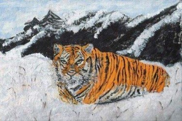 Peinture intitulée "tigre dans la neige" par Liliane Leroy, Œuvre d'art originale, Huile