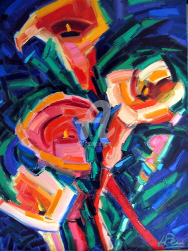 Painting titled "arums-roses-sur-fon…" by Liliane Penin, Original Artwork, Oil