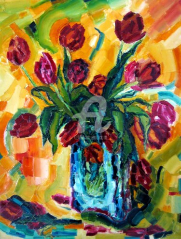 Painting titled "tulipes-rouges-fond…" by Liliane Penin, Original Artwork, Oil
