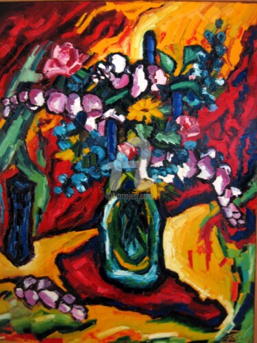 Painting titled "bouquet-et-vase-ble…" by Liliane Penin, Original Artwork, Oil