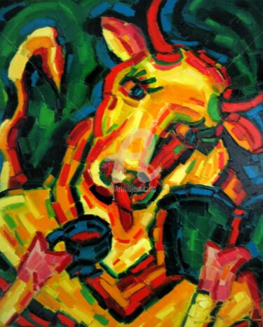 Painting titled "vache-a-la-tasse-bl…" by Liliane Penin, Original Artwork, Oil