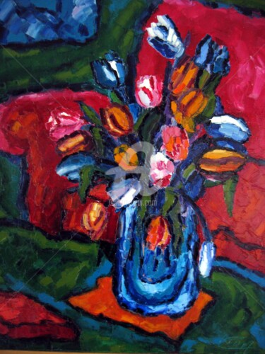 Peinture intitulée "tulipes oranges et…" par Liliane Penin, Œuvre d'art originale, Huile