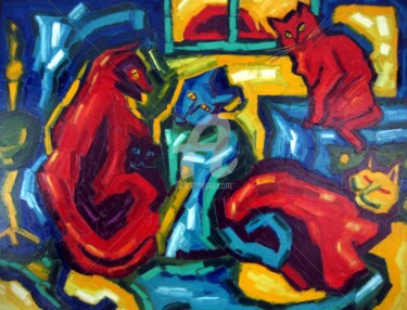 Peinture intitulée "colloque-de-chats-1…" par Liliane Penin, Œuvre d'art originale, Huile