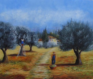 Peinture intitulée "Cueillette olives" par Lifa, Œuvre d'art originale, Huile