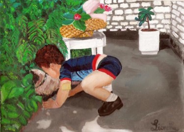 Peinture intitulée "l'enfant et le chat" par Lili, Œuvre d'art originale, Huile