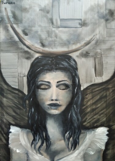 Pittura intitolato "Girl & Moon" da Liliia Furman, Opera d'arte originale, Olio