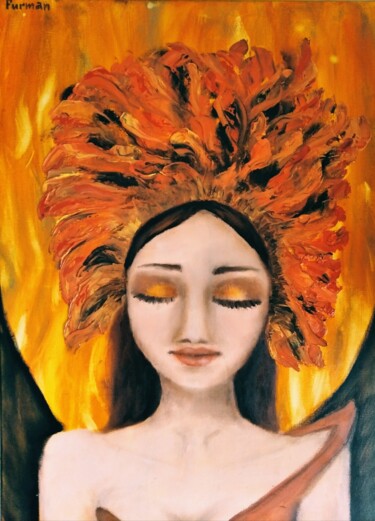 Painting titled "Girl & Fire" by Liliia Furman, Original Artwork, Oil