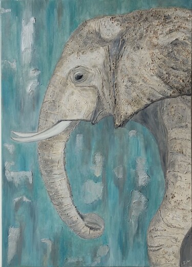 Картина под названием "Elephant at a water…" - Liliia Iuldasheva, Подлинное произведение искусства, Масло