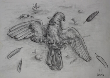 Drawing titled "Fallen bird" by Liliia Pilikina, Original Artwork, Charcoal