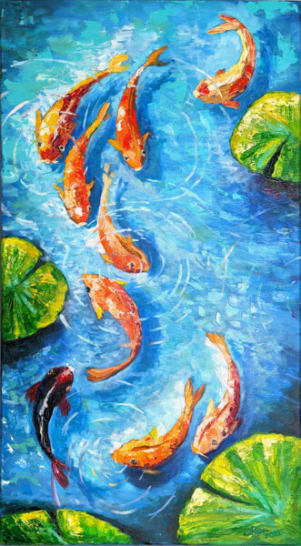 Schilderij getiteld "Японские карпы" door Liliia Razva (Art.Li_Ra), Origineel Kunstwerk, Olie Gemonteerd op Houten paneel
