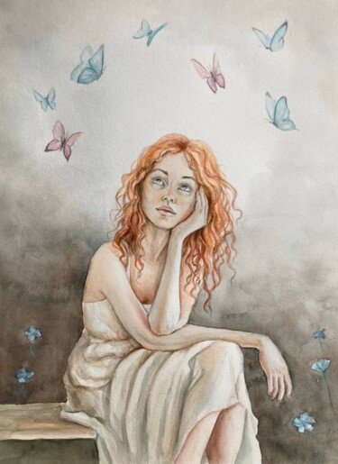 Painting titled "Among the butterfli…" by Liliia Shpitaleva, Original Artwork, Watercolor