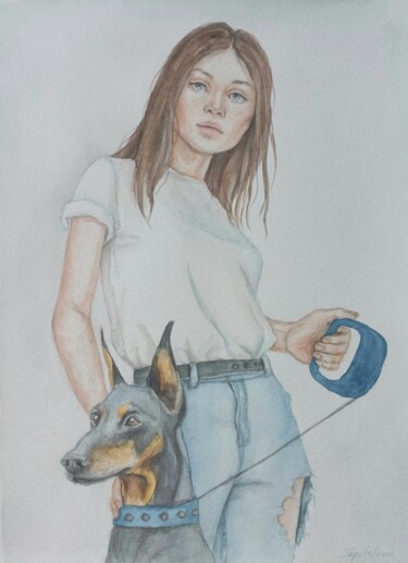 Картина под названием "Lady with a dog" - Liliia Shpitaleva, Подлинное произведение искусства, Акварель