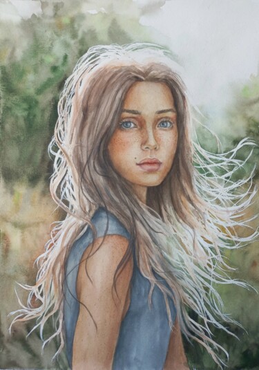 Картина под названием "Wind in the hair" - Liliia Shpitaleva, Подлинное произведение искусства, Акварель