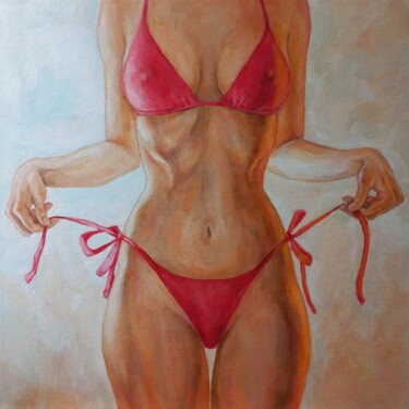 Painting titled "Red swimsuit" by Liliia Shpitaleva, Original Artwork, Oil Mounted on Wood Stretcher frame