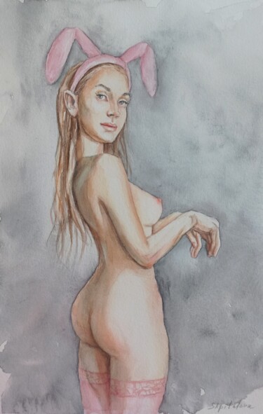 Painting titled "Bunny" by Liliia Shpitaleva, Original Artwork, Watercolor
