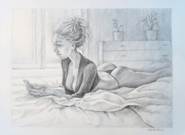 Drawing titled "Woman in the bedroom" by Liliia Shpitaleva, Original Artwork, Pencil