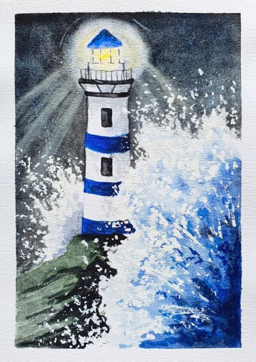 Peinture intitulée "Night Lighthouse" par Liliia Yeremenko, Œuvre d'art originale, Aquarelle