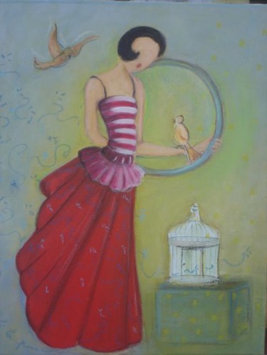 Peinture intitulée "la cage aux oiseaux" par Lili La Puce, Œuvre d'art originale, Huile