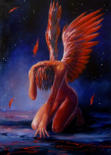 Schilderij getiteld "Red Angel" door Lilit Shintaro, Origineel Kunstwerk, Olie