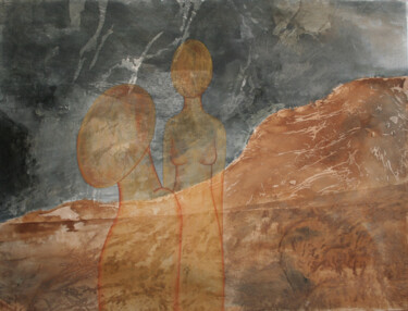 Painting titled "Les amoureux #3" by Lili Tarentule, Original Artwork, Ink Mounted on Wood Stretcher frame