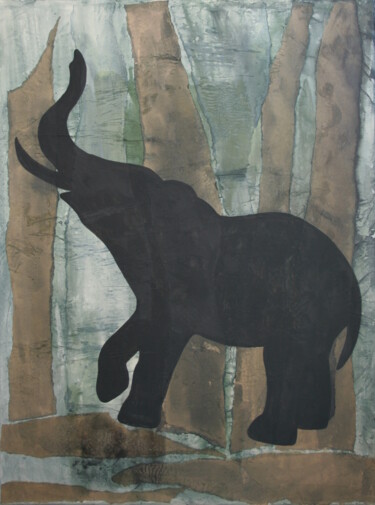 Painting titled "L'éléphant, série S…" by Lili Tarentule, Original Artwork, Ink Mounted on Wood Stretcher frame