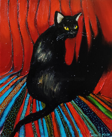 Ζωγραφική με τίτλο "Enigmatic Cat" από Lilith Gurekhyan, Αυθεντικά έργα τέχνης, Λάδι Τοποθετήθηκε στο Ξύλινο φορείο σκελετό