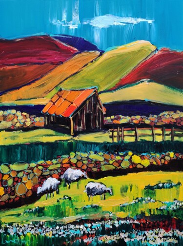 Painting titled "Countryside Bliss" by Lilith Gurekhyan, Original Artwork, Oil Mounted on Wood Stretcher frame