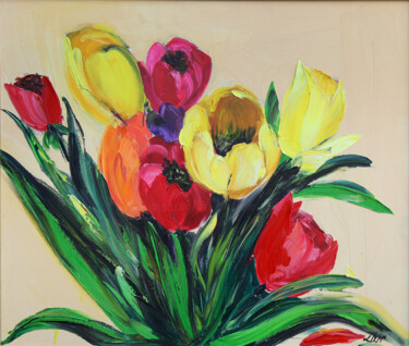 Painting titled "The Scent of Tulips" by Lilith Tonakanyan, Original Artwork, Oil Mounted on Wood Stretcher frame