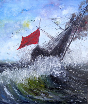 Painting titled "Tempestuous Waters" by Lilith Tonakanyan, Original Artwork, Oil Mounted on Wood Stretcher frame