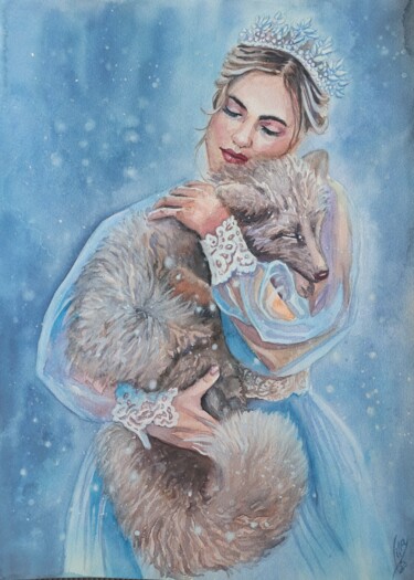 Peinture intitulée "Fille avec un renar…" par Liliya Hudry, Œuvre d'art originale, Aquarelle