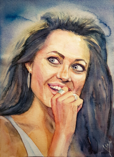 Painting titled "Angelina Jolie" by Liliya Hudry, Original Artwork, Watercolor