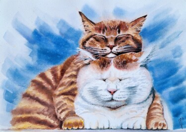 Peinture intitulée "Le vol des chats" par Liliya Hudry, Œuvre d'art originale, Aquarelle