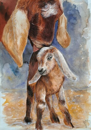 Painting titled "Maternal love" by Liliya Hudry, Original Artwork, Watercolor