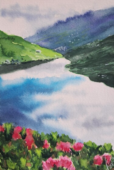 Malerei mit dem Titel "Lac du Lou" von Liliya Hudry, Original-Kunstwerk, Aquarell