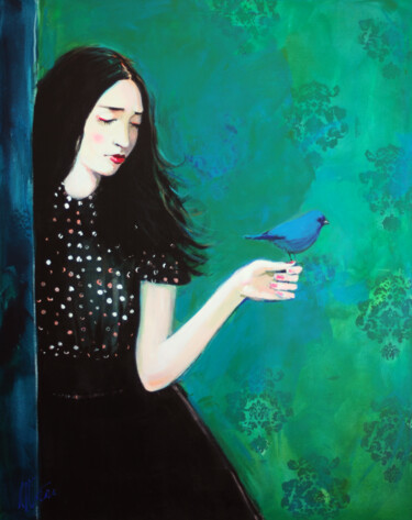 Malerei mit dem Titel "Woman and Bird" von Liliya Nikolova, Original-Kunstwerk, Acryl