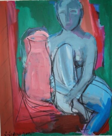 Malerei mit dem Titel "Frau mit Krug" von Lilli Ladewig, Original-Kunstwerk, Öl
