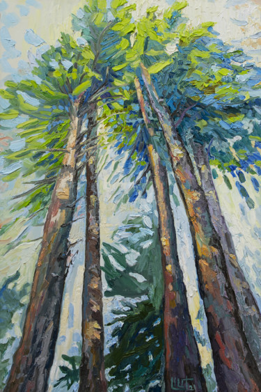 Painting titled "5 Pine Trees" by Lilit Vardanyan, Original Artwork, Oil