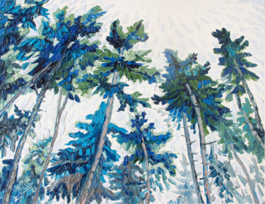 Painting titled "Blue Pine Trees" by Lilit Vardanyan, Original Artwork, Oil