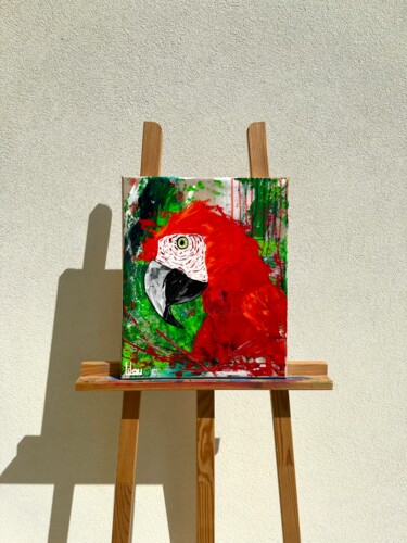 Malerei mit dem Titel "Perroquet rouge" von Lilou, Original-Kunstwerk, Acryl Auf Keilrahmen aus Holz montiert